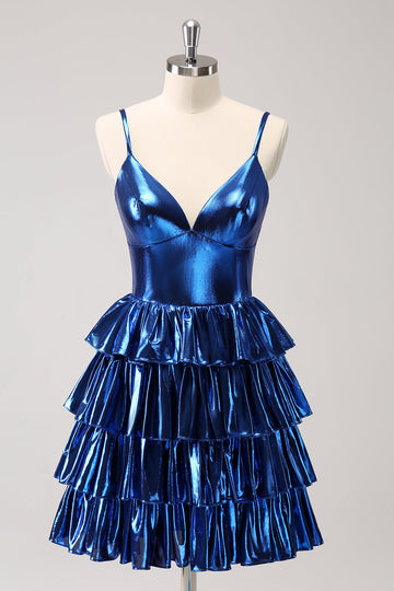 Ink Blue Spaghetti Straps A Line Tiered Short Cocktail Dress